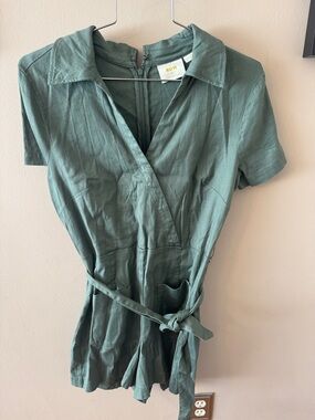 Anthropologie Green Short-Sleeve Linen Romper